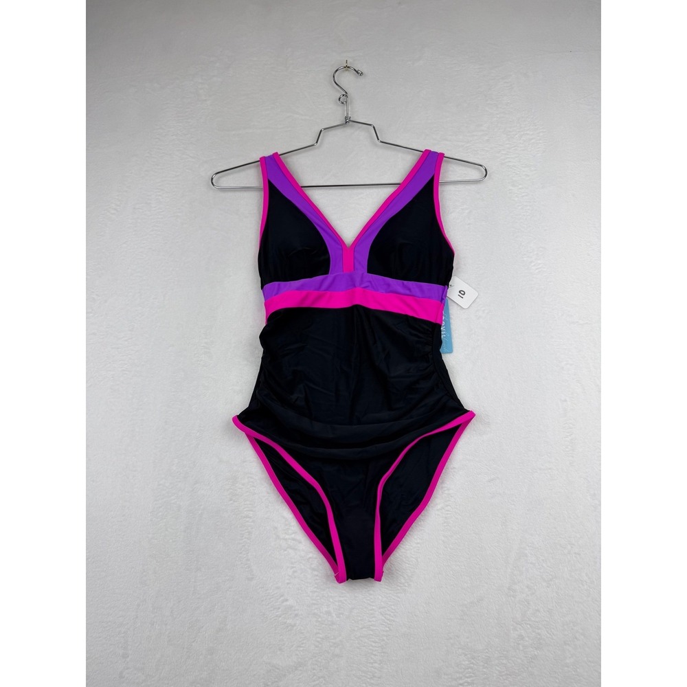 Popvil Womens One Piece Swimsuit Small 4-6 Pink Purple Colorblock Ruched V-Neck